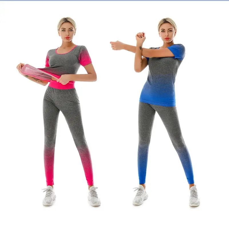 Women's elastic gradient colors short sleeve t-shirts nine points leggings sets fitness & yoga wear