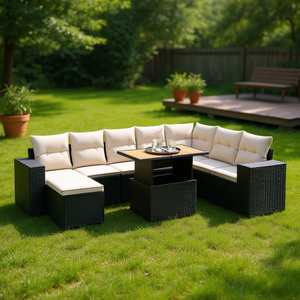 Conjunto de Sofá de Jardín en Ratán Sintético Negro con Reposabrazos Ajustables, Muebles de Exterior de Diseño Contemporáneo con Cojines de Espuma de Alta Densidad - Product Image 2