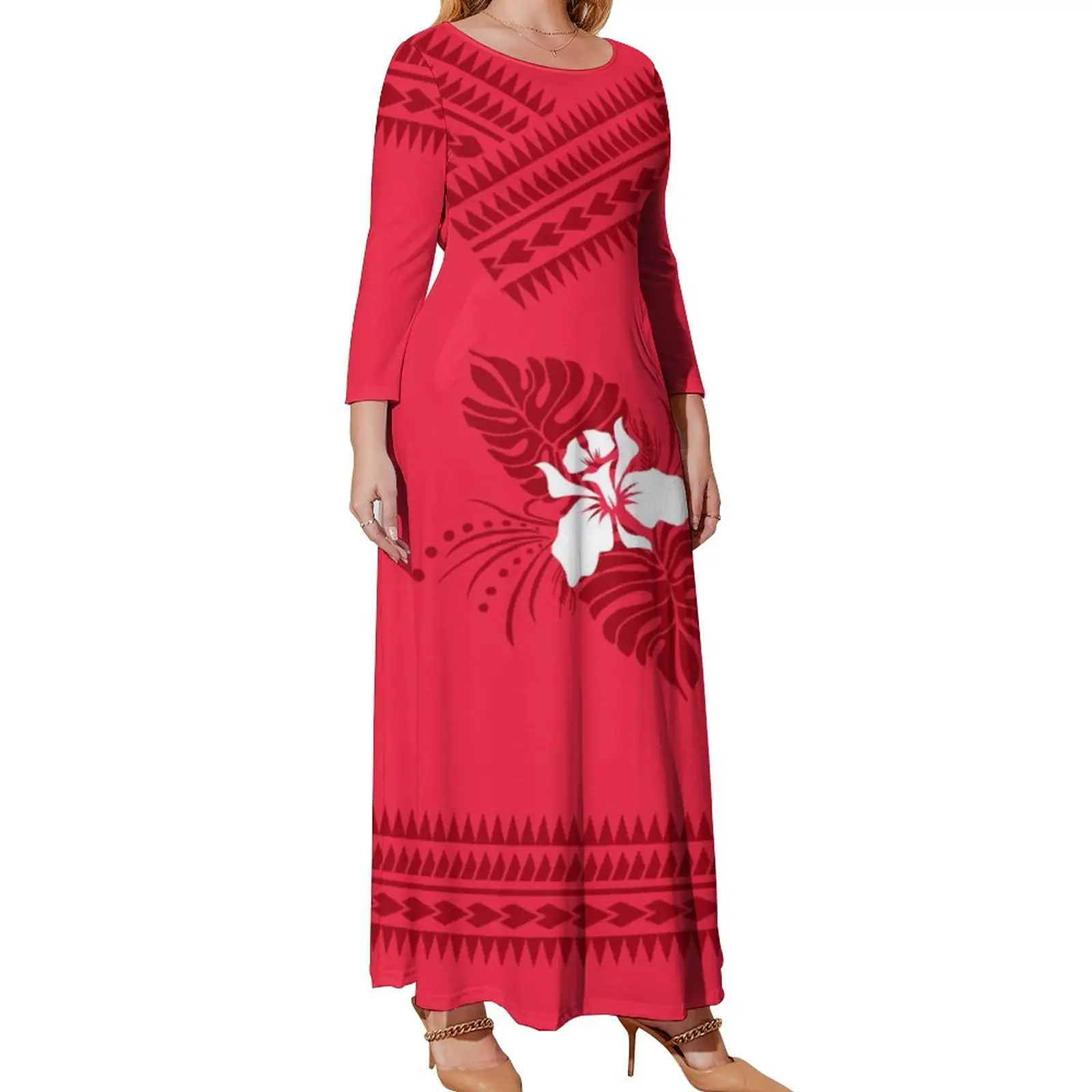 Grosir Gaun Maxi A-Line Longgar Leher O Kustom Gaun Merah Suku Polinesia Lengan Panjang Gaun Wanita Elegan Hawai