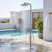 Ensemble de douche extérieure autoportant en acier inoxydable 316, mitigeur monocommande, finition or brossé, avec douchette à effet pluie, pour piscine et jardin, eau chaude et froide