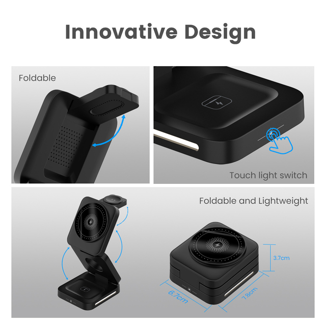 3-in-1 Multi-Function 15W Fast Wireless Charger Foldable Phone Stand with LED Light Compatible with Phones Watches & Earbuds