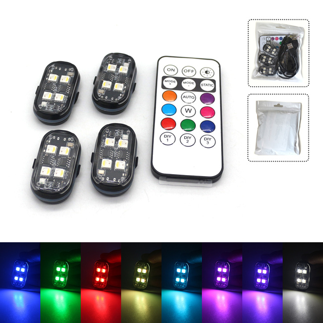 New 4pcs Wireless Remote Control 8 Color Rechargeable Waterproof LED Strobe Lights Car Decor Atmosphere Anti Collision Warning