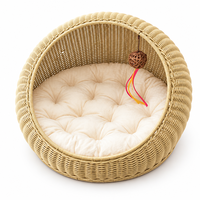 Handgewebtes PP-Rattan Katzenbett Kuppelförmige Höhle mit Eisenrahmen und Plüschkissen, Atmungsaktives Nest für Katzen und Kleine Hunde, 50x35x40 cm