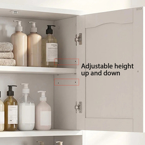Armoire murale <span class=keywords><strong>de</strong></span> salle <span class=keywords><strong>de</strong></span> bain <span class=keywords><strong>blanche</strong></span>, rangement au-dessus des toilettes, armoire à pharmacie en bois, 2 portes, étagère ouverte, <span class=keywords><strong>porte</strong></span>-serviettes, montage mural, OEM personnalisé - Product Image 4