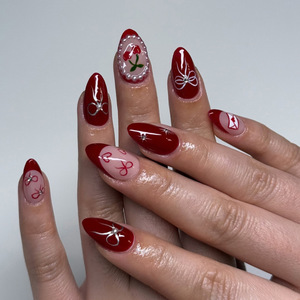 Fournisseur d'ongles : 30 <span class=keywords><strong>faux</strong></span> ongles en acrylique personnalisés, motif floral 3D marron, forme amande moyenne, style French - Product Image 6