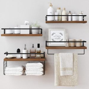 Étagères murales flottantes rustiques en bois à double niveau avec panier de rangement en fil métallique et <span class=keywords><strong>barre</strong></span> porte-serviettes pour salle de bain, <span class=keywords><strong>cuisine</strong></span>, chambre - Product Image 1