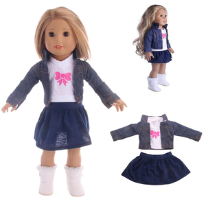 Vêtements pour poupées américaines de 43 cm, ensemble trois pièces en denim, t-shirt, veste, jupe pour poupées bébé Bew <span class=keywords><strong>Bron</strong></span> et Rebron de 18 pouces, jouets pour enfants, cadeau - Product Image 1