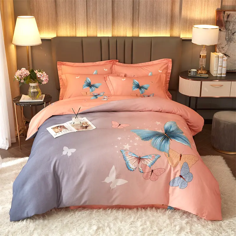 Ensembles de literie 100% coton 4 pièces 40S, ensembles de draps de lit Super confortables avec imprimé papillon, ensembles de housses de couette