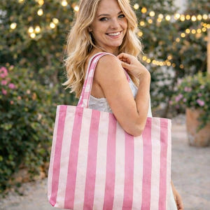 Bolsa de Mano de Lona a <span class=keywords><strong>Rayas</strong></span> Personalizada al por Mayor, Bolsa de Compras Casual para la Playa con Asas - Product Image 1