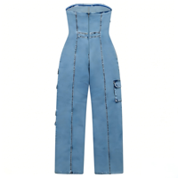 Combinaison cargo en jean sans bretelles pour femme, multi-poches, coupe large, style bustier
