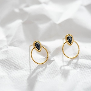 Unique Design Gold Plated Twisted Tear Drop Shape <b>Black</b> Stone <b>Stud</b> <b>Earrings</b> Stainless Steel Natural Stone <b>Earring</b> Jewelry - Product Image 4