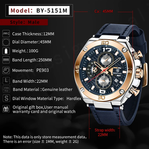 BENYAR 5151 personnalisé hommes montre-bracelet à Quartz haut de gamme marque de luxe or sport affaires Design fait à la main avec bracelet en cuir de qualité supérieure - Product Image 5
