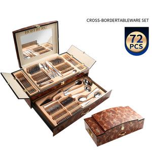 Hot bán 72 cái thép không gỉ Dao Kéo Vàng Flatware Set kim loại <span class=keywords><strong>spork</strong></span> Flatware bạc với hộp gỗ - Product Image 2