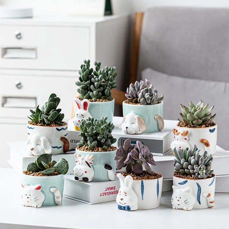 Garden Home Decor Desktop Indoor Cute Animals Puppy Cat Cow Ceramic Cactus Succulent Planters Pots with Hole