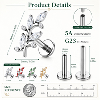 Pendientes de titanio G23 con diseño de hoja y circonita cúbica 5A, rosca interna, 16G, parte trasera plana, 6/8mm, para helix, tragus, conch, joyería corporal para piercing