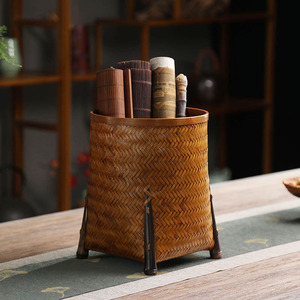 Caja de Té de Bambú Tejida, Redonda, con Cuatro Patas, Hecha a Mano, Organizador de Oficina, Contenedor de Almacenamiento, Portaplumas de Escritorio - Product Image 3
