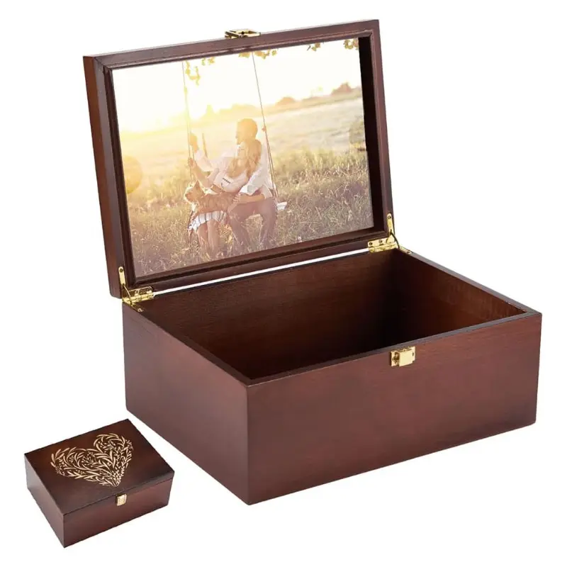 صندوق تخزين مخصص مزخرف بسعر الجملة إطار صورة بالداخل صندوق خشبي أكبر للذاكرة بأغطية مفصلية