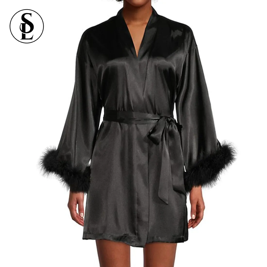 Women Luxury Bridal Feather Robes Faux Fur Trim Party Belted Satin Bridesmaid Robe