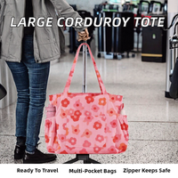 Grand sac fourre-tout en velours côtelé de coton pour femmes, automne/printemps, sac à bandoulière en toile réutilisable, fermeture éclair, multi-poches, sac de voyage
