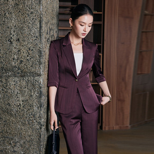 Women's 3/4 Sleeve Striped Blazer Suit Set Acetate Satin Anti-Wrinkle Professional Casual Spring Summer 2025 - Product Image 4
