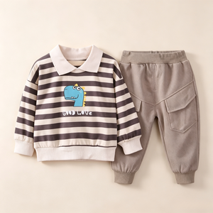 Ensemble sweat-shirt à col rayé en coton et pantalon cargo pour garçons, coupe décontractée, tenue décontractée en 2 pièces, fourniture OEM ODM, vêtements pour enfants - Product Image 3