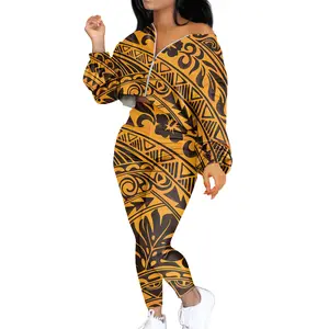 Cheap Women Jumpsuits Printed Customized Polynesian Fashion Ladies Plus Size Long Sleeve Zip Top And Pants Set Tracksuit Outfits