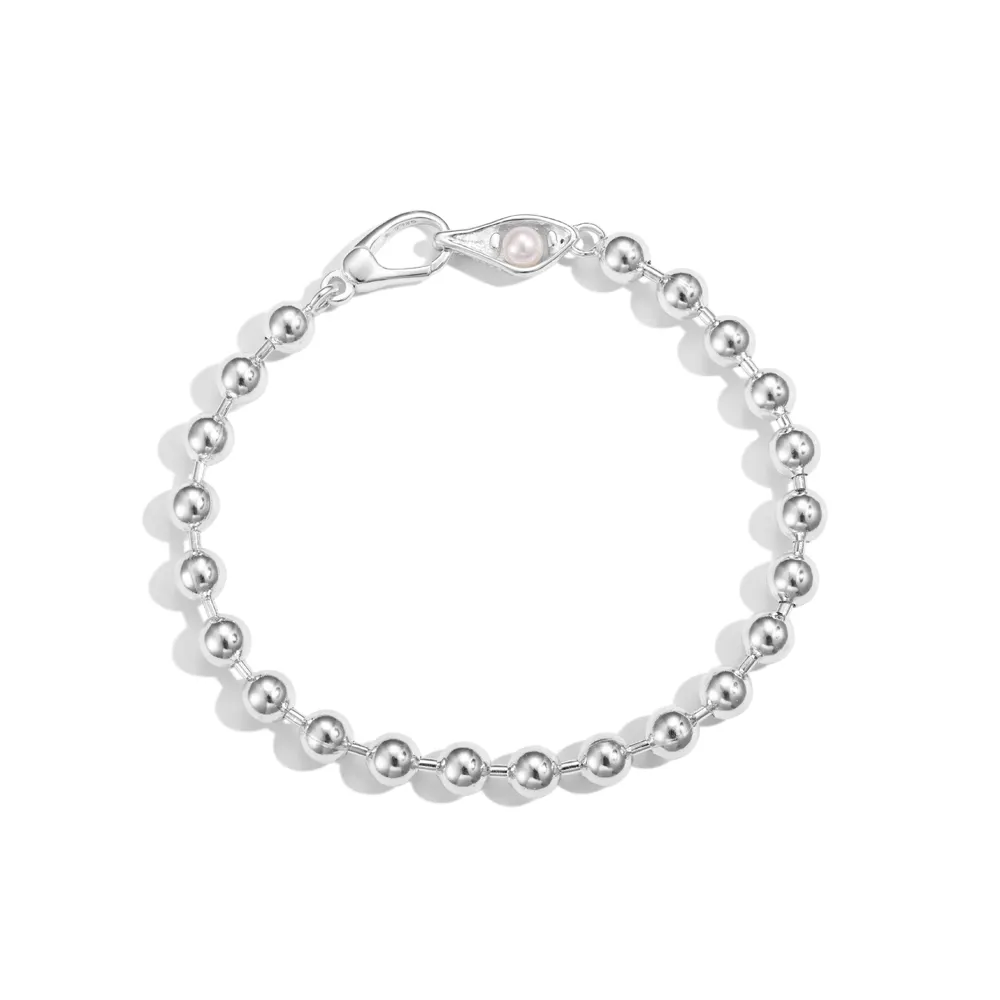 Dylam stilvoll unbedruckt 925 Sterling-Silber Rhodium plattiert Einfachheit Perle Silber Perlenkette Armreif und Armband