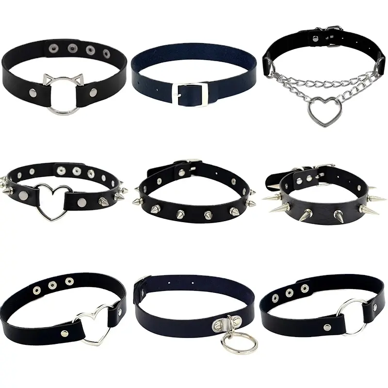 Punk PU Leather Lock Key Heart Round Spike Rivet Collar Studded Choker Gothic Necklace Body Birthday Party Gift Jewelry