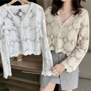 SS24 Ladies long sleeve V-neck crochet knitted lace cardigan