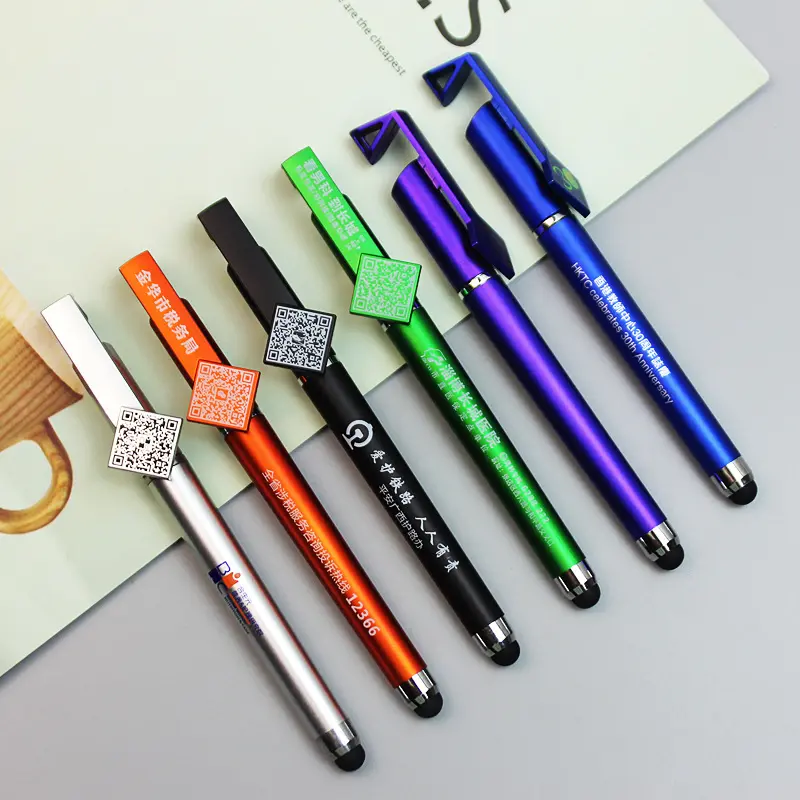 Plastic multi-function mobile phone holder pen print QR code promotional advertising stylus pen customized LOGO gel gift pen