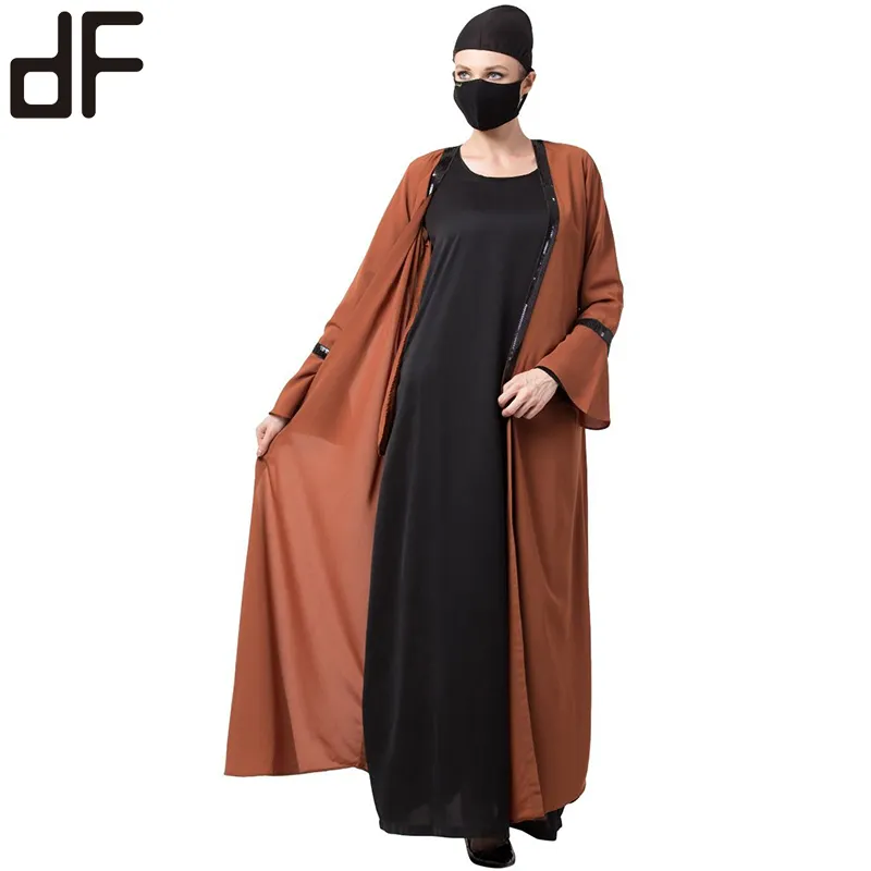 Neue Großhandel zweiteilige Frau Strickjacke ausgestellte Ärmel Langarm Mode Dubai Abaya Kaftan schönes Kleid mit Gürtel