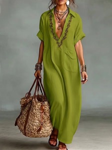 Vestido Maxi para Mujer Maining, Bordado Floral, Cuello en V, Manga Media, Vestido Informal Estilo Boho, Vestido Túnica de Playa con Bolsillo - Product Image 3