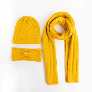 Khăn Quàng Cổ Beanie Cho Nữ Unisex Bộ Mùa Đông Khăn Buộc Tóc Dệt Kim Có Kết Cấu Làm Ấm Cáp Len Mũ Đội Đầu Biểu Đồ Sườn Logo Tùy Chỉnh Nắp Ca-pô Mù Tạt