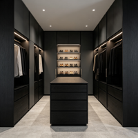 Système de dressing modulaire de luxe sur mesure avec îlot central, armoire avec portes vitrées, haut de gamme pour chambre et appartement moderne