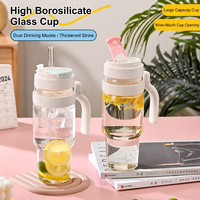 Botol Minum Kaca Borosilikat 1000ml Kapasitas Besar dengan Tutup dan Pegangan, Cangkir Sedotan Kaca dengan Logo Kustom