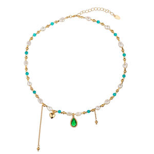 قلادة من التيتانيوم، أحجار كريمة زمرد حقيقية مطلية بالذهب، لؤلؤ مياه حلوة متعددة الألوان، عقد للنساء - Product Image 5