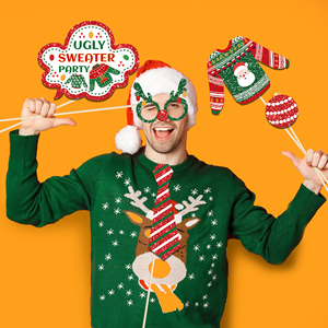 Suministros de fiesta de Navidad Huancai, 45 Uds., suéter feo, accesorios para cabina de fotos con palos, Kit de accesorios de fiesta para decoraciones de fiesta de Navidad - Product Image 3