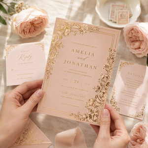 Suite d'invitations de <span class=keywords><strong>mariage</strong></span> personnalisées en carton, couleur blush poudré, avec menu et marque-place, dorure à chaud, pour papeterie de jardin romantique printanière, logo personnalisé, faible coût - Product Image 4