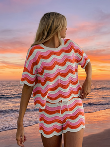 <span class=keywords><strong>Ensemble</strong></span> tricoté rayé ondulé pour <span class=keywords><strong>femme</strong></span>, collection Printemps 2026, 2 pièces, respirant, 100 % polyester, pull à manches courtes ajouré et short, couleur coucher de soleil - Product Image 6