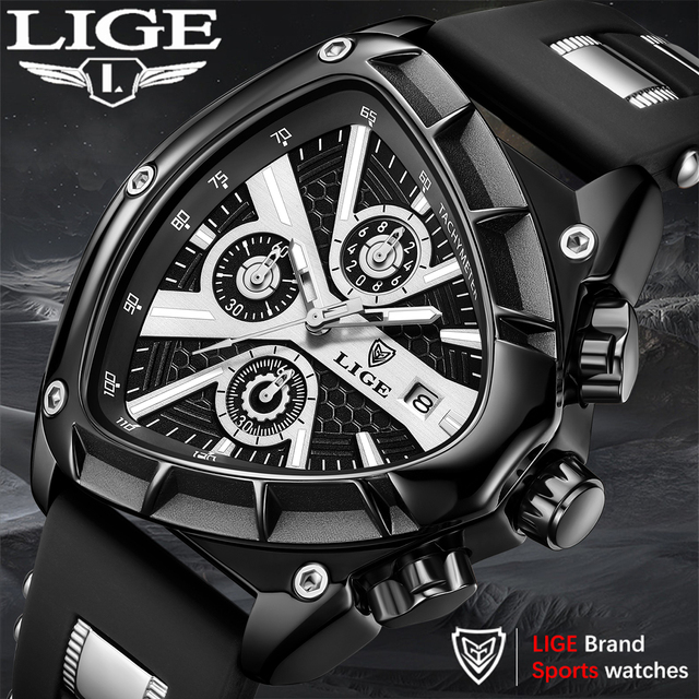 LIGE LG89103 Black Triangle Dial Arabic Aura Watch Silicone Chronograph Quartz Watches Men Sports Male WristWatch Clock Gift Box