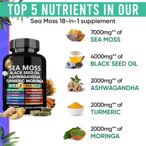 Complément alimentaire 18 en 1 à base d'algues marines biologiques, d'huile de graines noires, d'ashwagandha, de curcuma et de moringa, 90 capsules végétales, soutien immunitaire - Product Image 3