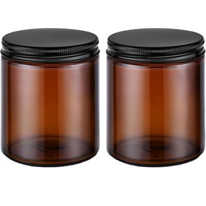 Pot en verre ambré de 8 oz à parois droites et forme ronde avec couvercle en fer blanc noir 70-400, logo personnalisé sérigraphié pour bougies - Product Image 1