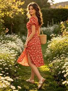 Nuevo <span class=keywords><strong>Vestido</strong></span> Floral Rojo de Verano 2026 con Estampado Pequeño, Cuello Cuadrado, <span class=keywords><strong>Manga</strong></span> Corta <span class=keywords><strong>Abullonada</strong></span>, Abertura Frontal y Dobladillo con Volantes para Mujer - Product Image 5