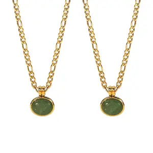 Tarnish Free Semi Stone Jewelry 14K Gold Plated Green Onyx Gemstone Pendant Green Aventurine Necklace Figaro Chain Necklace