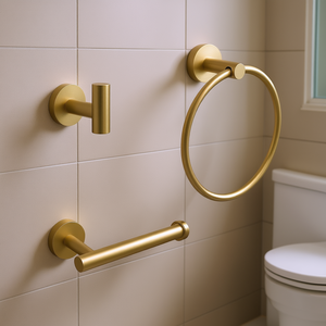 Ensemble d'accessoires de salle de bain en laiton, design minimaliste, fixation murale, trois pièces : porte-serviette, barre et crochet - Product Image 2