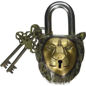 PARIJAT HANDICRAFT Functional Brass Garden <b>Padlock</b> with Two Keys Beautiful Lion Head Design - Product Image 1