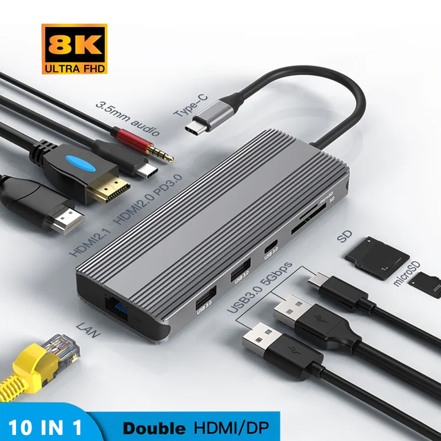 Wholesale 10 in 1 Dual HD MI 8K DP AUX 5Gbps Type C Hub USB 3.0 Rj45 1000Mbps Gigabit Ethernet Docking Station USB HUB