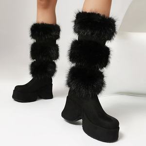 Botas de plataforma altas de piel sintética para mujer, con tacón de cuña, forro de peluche, hasta la rodilla, de ante, gruesas y peludas, para invierno y nieve. - Product Image 5