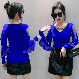 Women's <strong>Mesh</strong> Cut Hollow Rhinestone Shiny <strong>Sequined</strong> Oversized Clothes Tee <strong>Tops</strong> Nightclub Casual Long Sleeve Shirts Party T-shirt - Product Image 4