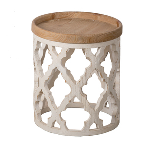 23 In Large Distressed White Side <b>Table</b> With Wooden Top And Lattice Design - Product Image 1